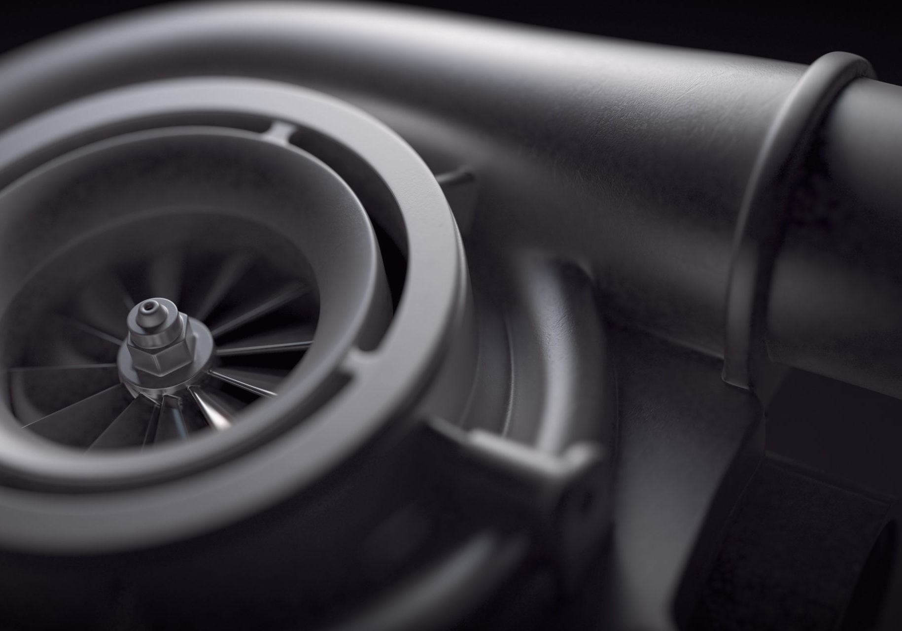 Car turbocharger on black background. Auto part turbo engine technology concept. 3d illustration
